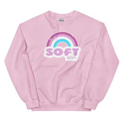 Pink sissy sweatshirt with a rainbow and 'SOFT BOY' text on a white background