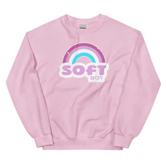 Pink sissy sweatshirt with a rainbow and 'SOFT BOY' text on a white background