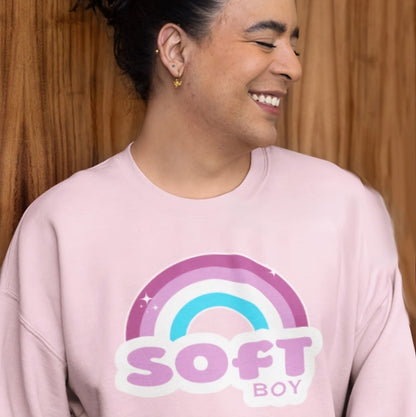 Sissy wearing a pink femboy sweatshirt with a rainbow and 'SOFT BOY' text design.