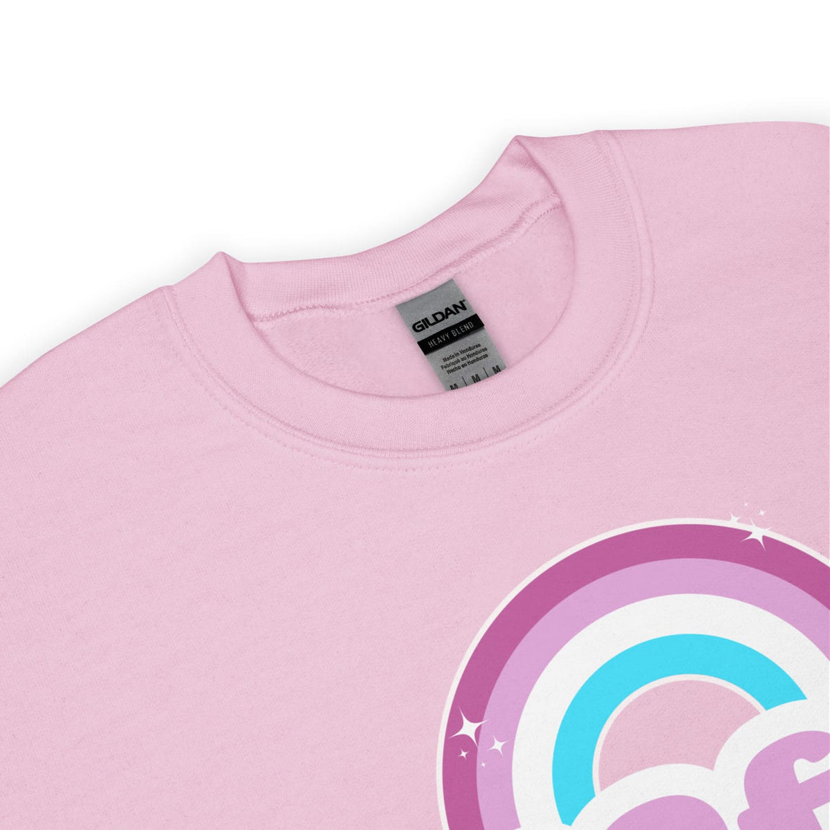 Pink sissy sweatshirt with a rainbow design and Gildan label on a white background