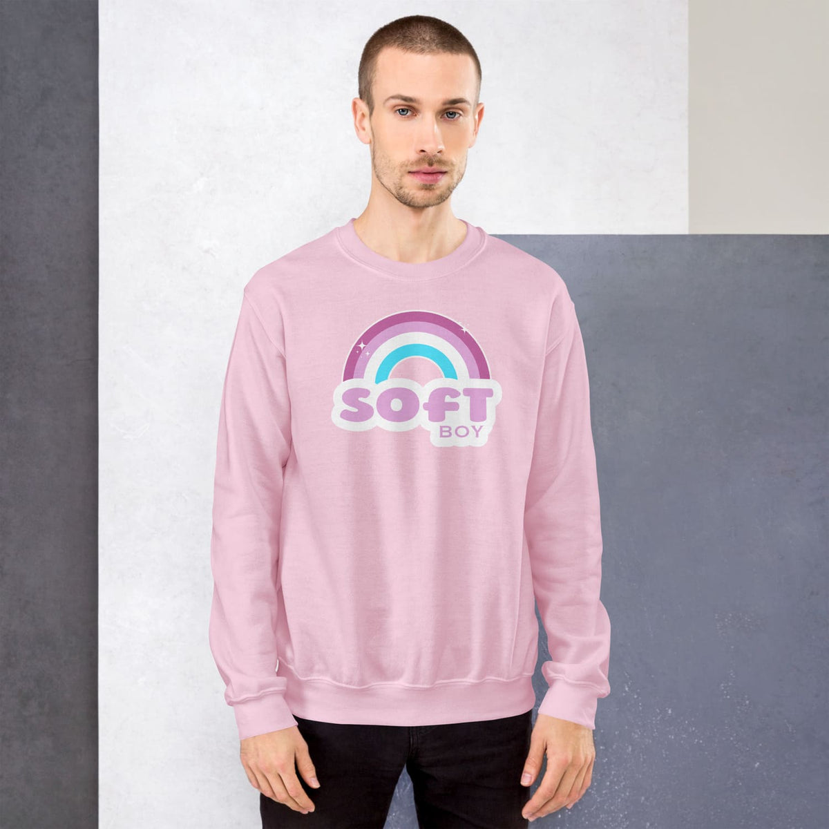 Sissy wearing a pink femboy sweatshirt with a rainbow and text design against a plain background