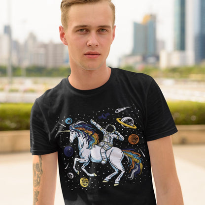 aroace shirt, funny astronaut riding unicorn in space in subtle aro ace pride colors, in use