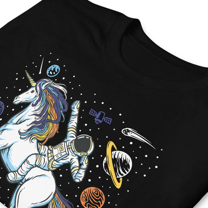 aroace shirt, funny astronaut riding unicorn in space in subtle aro ace pride colors, zoom