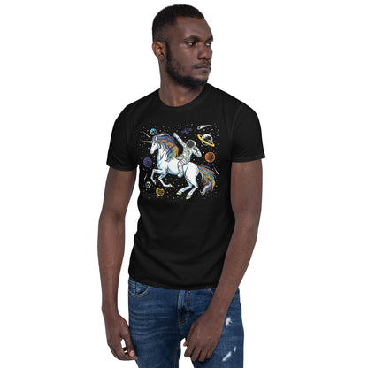 aroace shirt, funny astronaut riding unicorn in space in subtle aro ace pride colors, black model