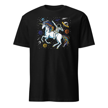 aroace shirt, funny astronaut riding unicorn in space in subtle aro ace pride colors, black