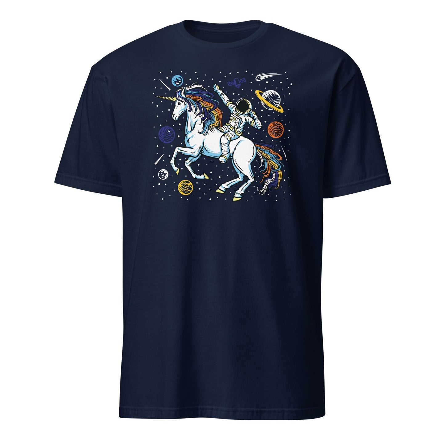 aroace shirt, funny astronaut riding unicorn in space in subtle aro ace pride colors, navy