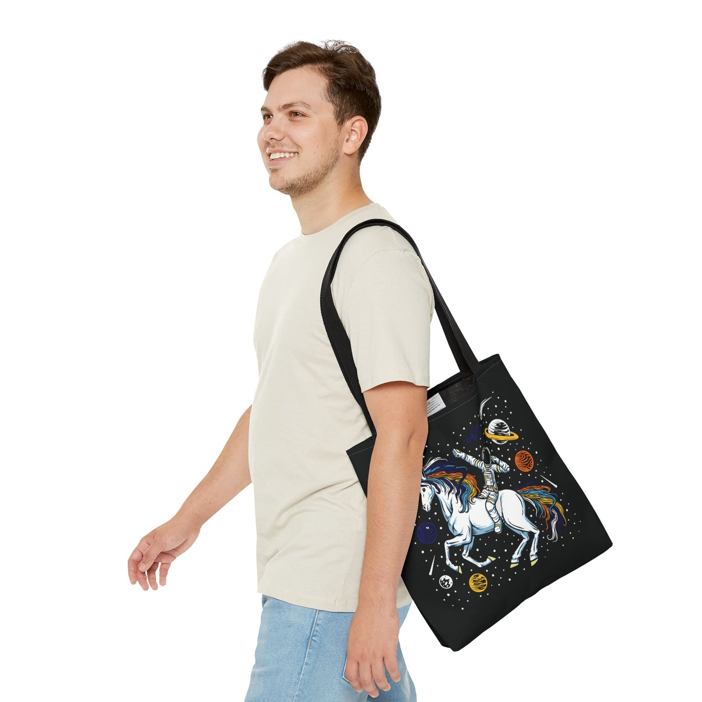 aroace tote bag, astronaut in space riding unicorn aro ace pride, medium