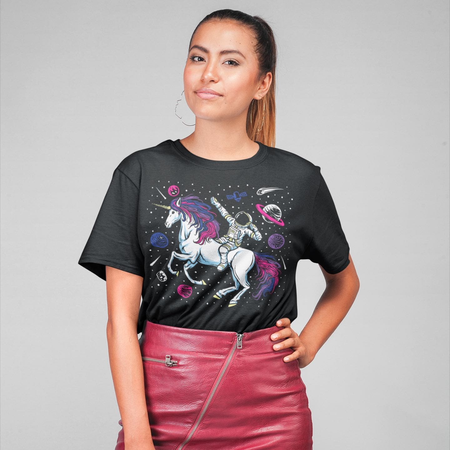 bisexual shirt, funny astronaut riding unicorn in space in subtle bi pride colors, in use