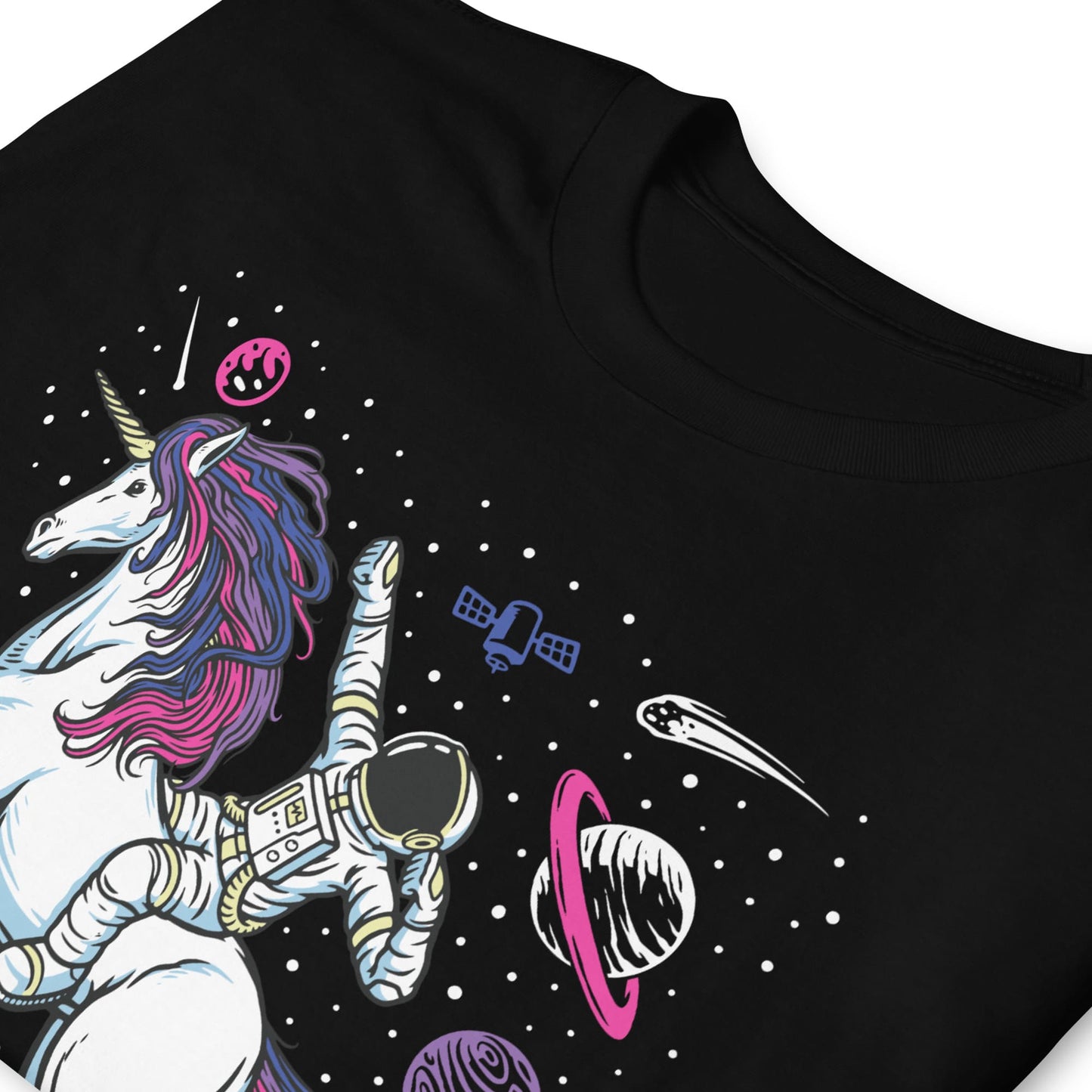 bisexual shirt, funny astronaut riding unicorn in space in subtle bi pride colors, zoom