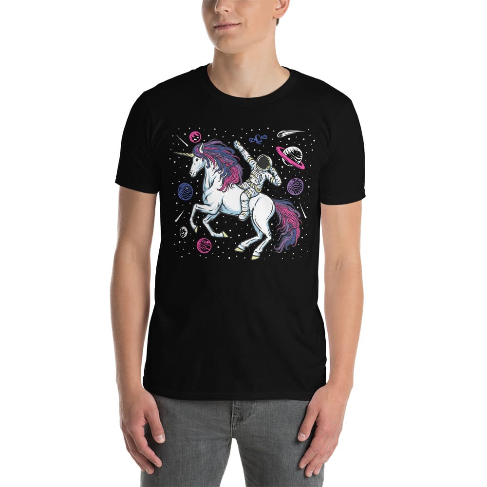 bisexual shirt, funny astronaut riding unicorn in space in subtle bi pride colors, white model