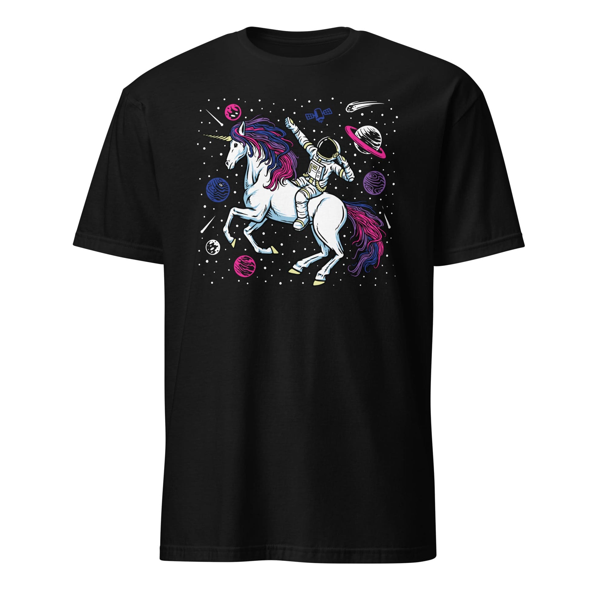 bisexual shirt, funny astronaut riding unicorn in space in subtle bi pride colors, hang