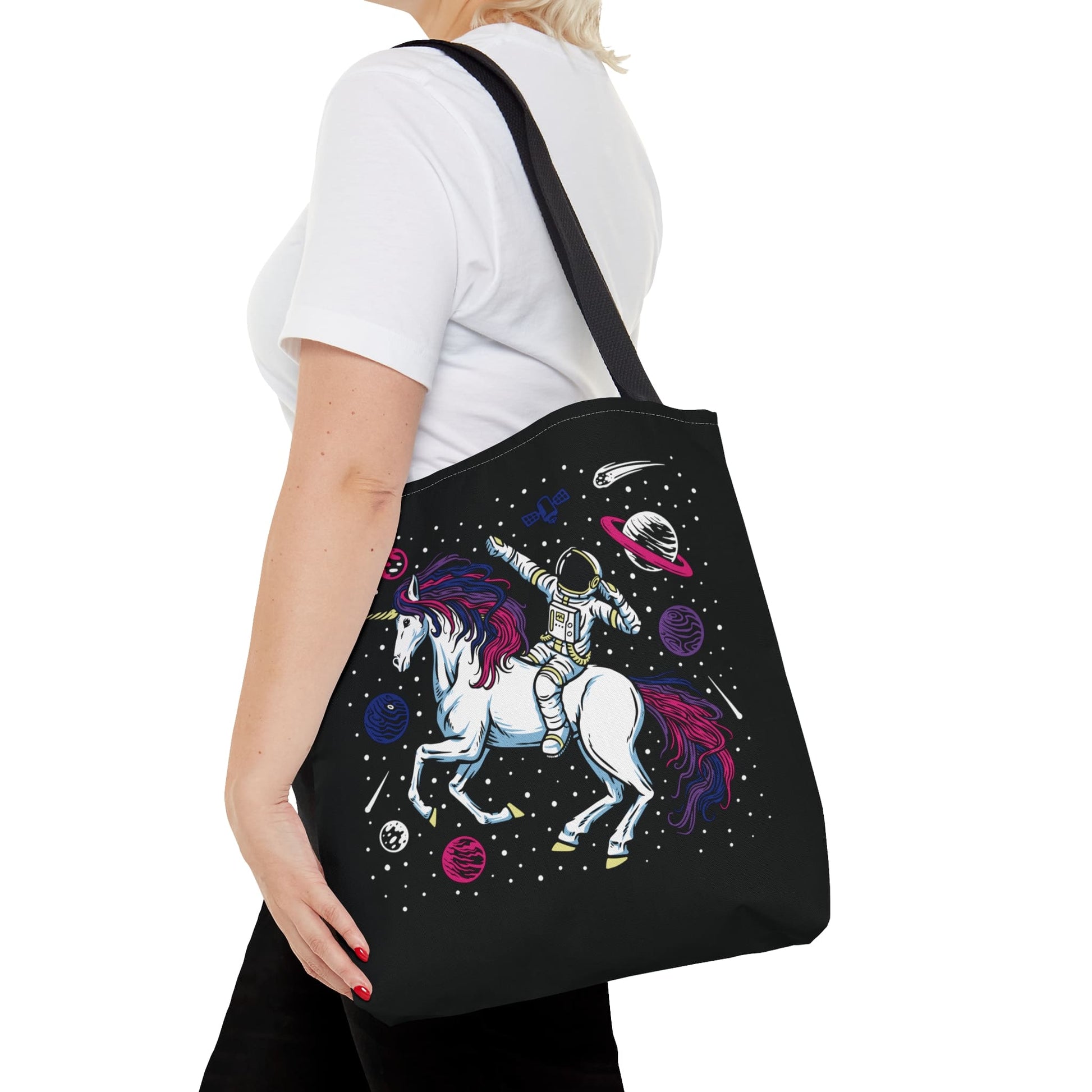 bisexual tote bag, astronaut in space riding unicorn bi pride bag, medium