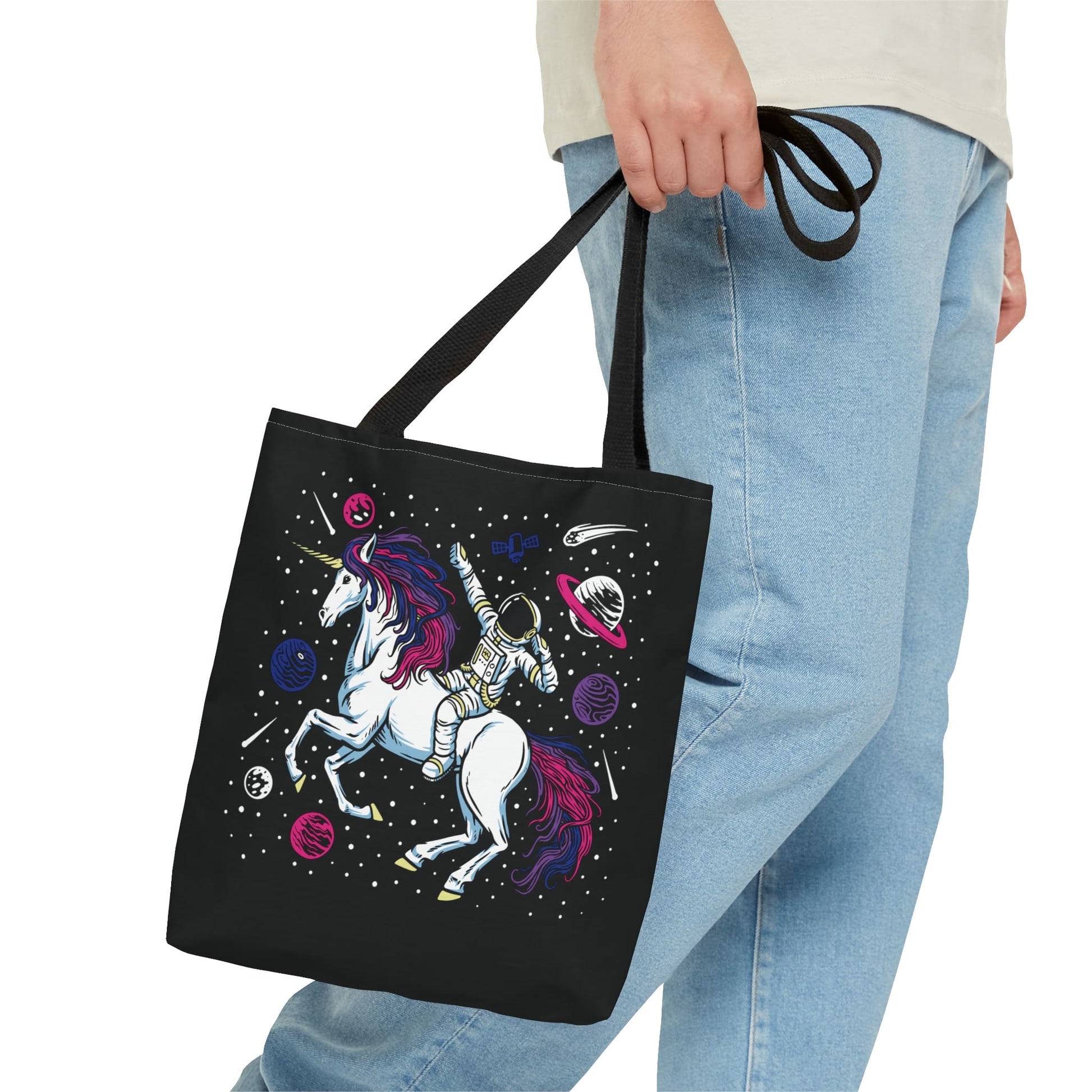 bisexual tote bag, astronaut in space riding unicorn bi pride bag, small