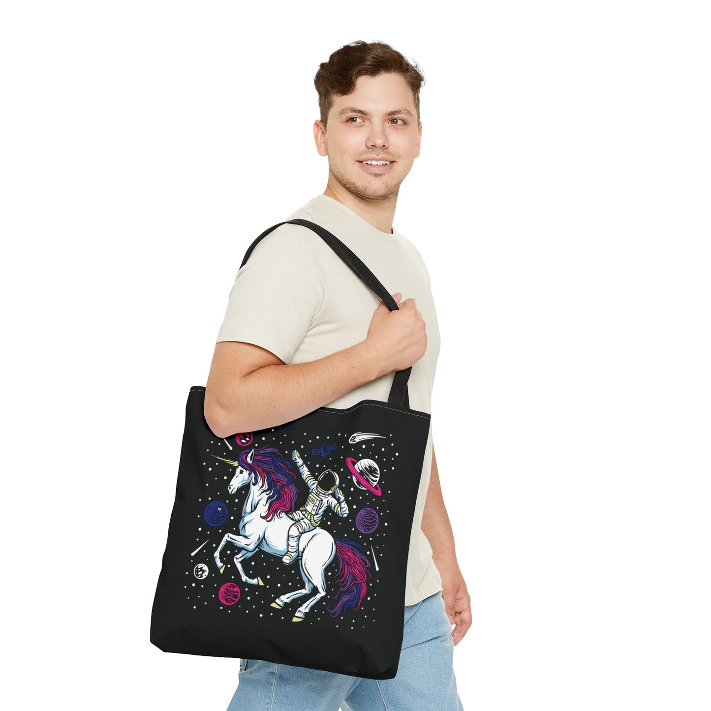 bisexual tote bag, astronaut in space riding unicorn bi pride bag, large