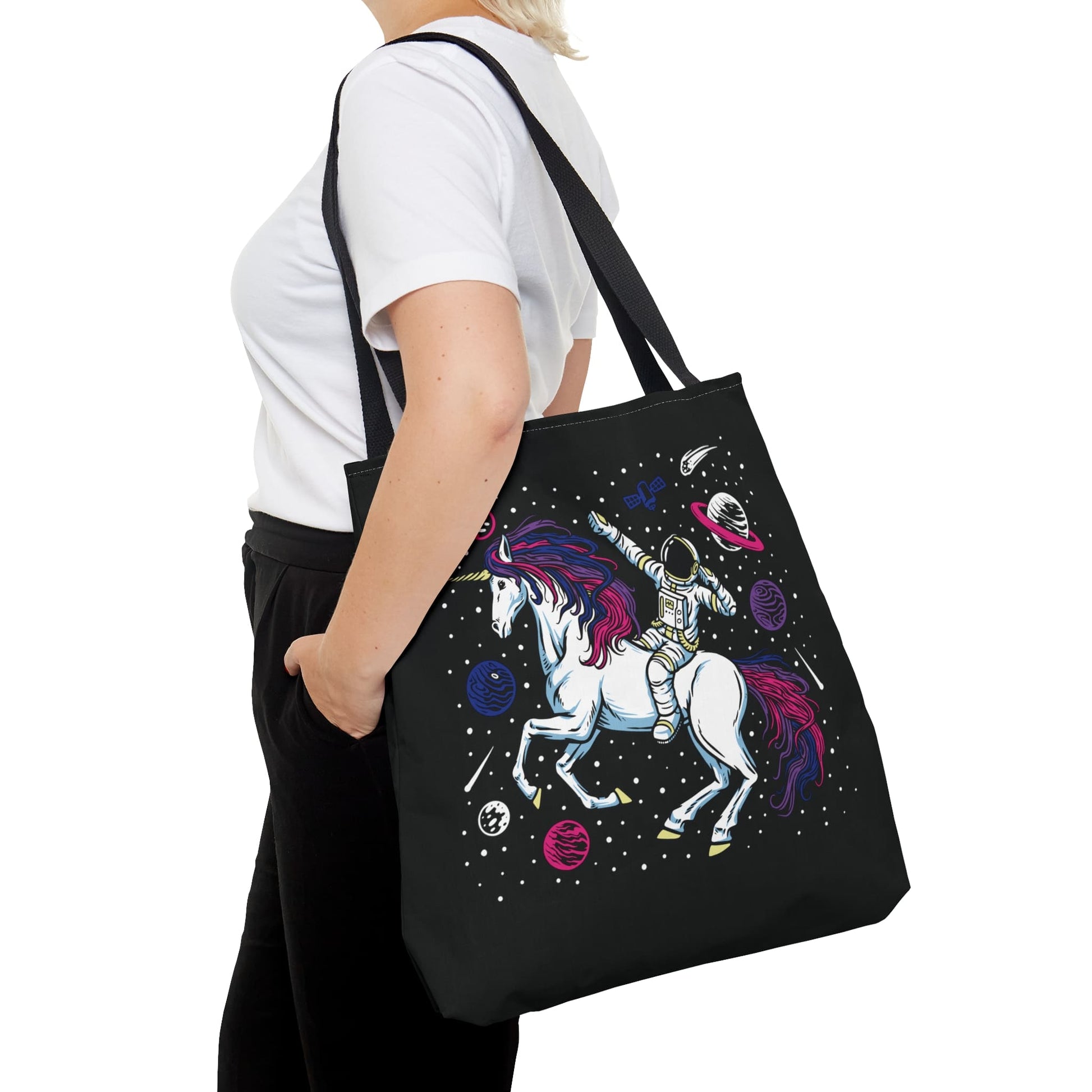 bisexual tote bag, astronaut in space riding unicorn bi pride bag, large