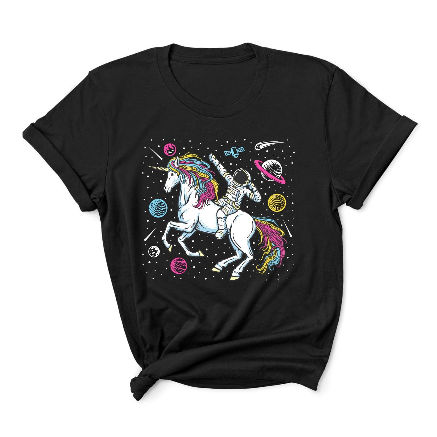 pansexual shirt, funny astronaut riding unicorn in space in subtle pan pride colors, main