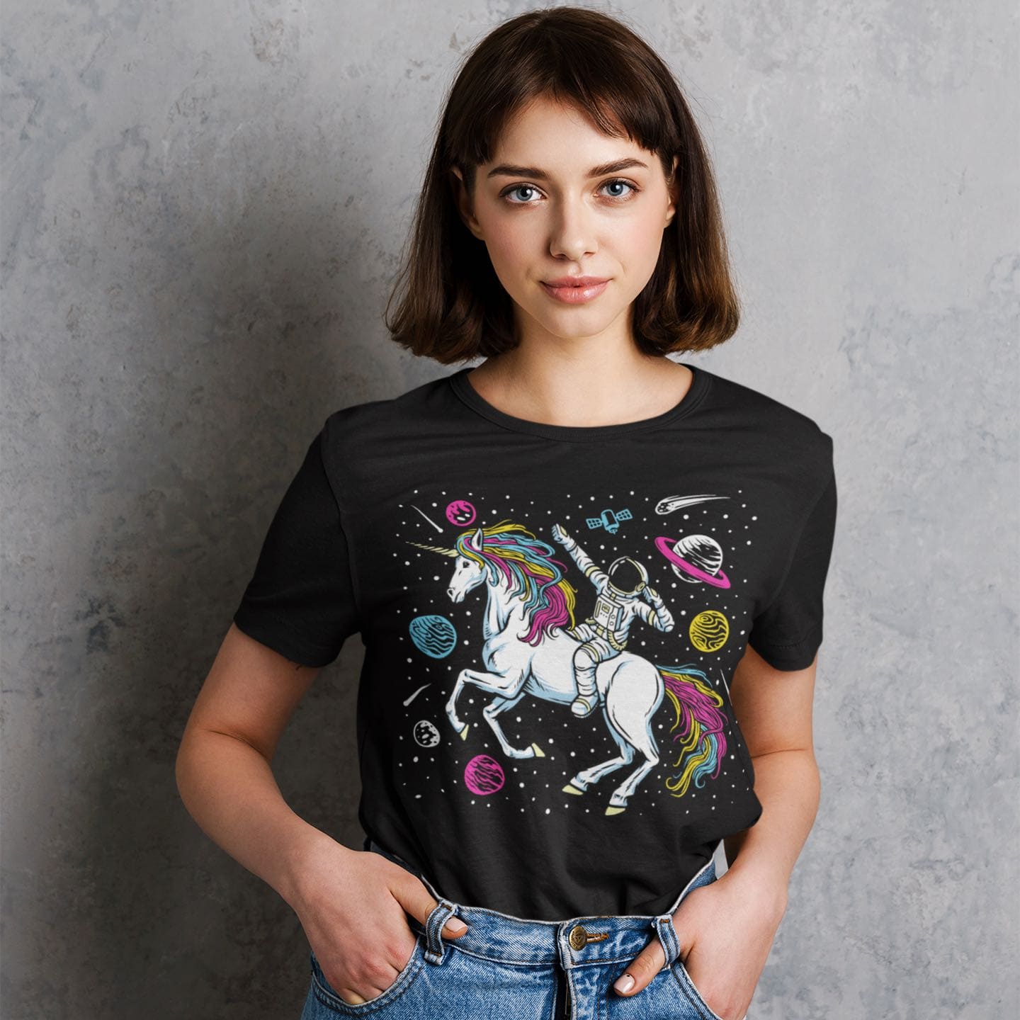 pansexual shirt, funny astronaut riding unicorn in space in subtle pan pride colors, in use