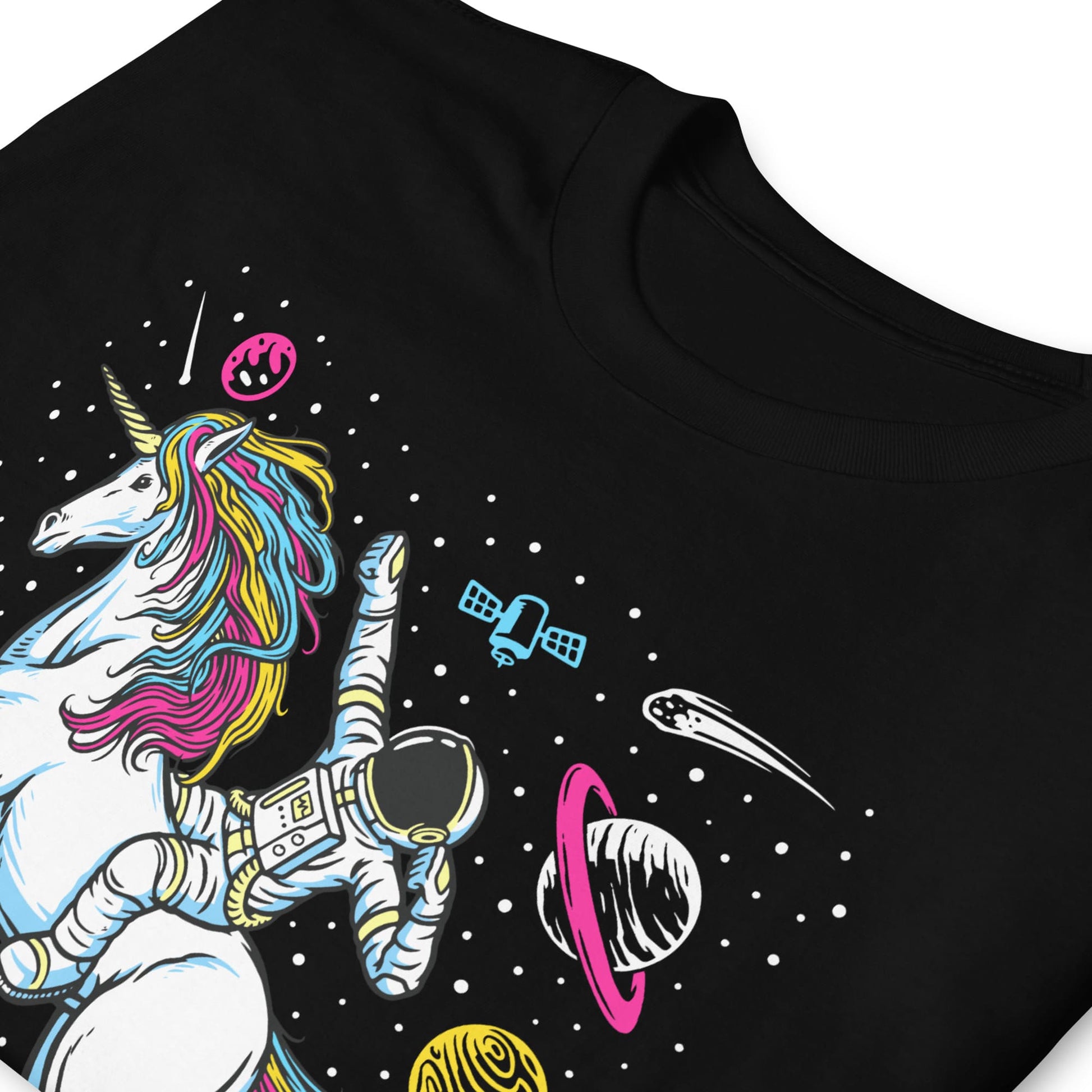 pansexual shirt, funny astronaut riding unicorn in space in subtle pan pride colors, zoom