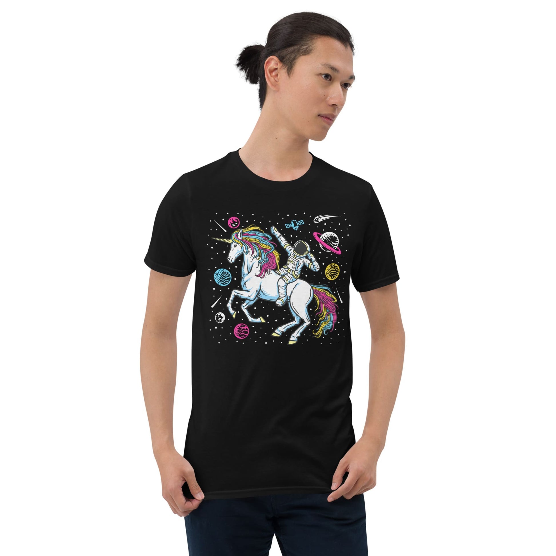 pansexual shirt, funny astronaut riding unicorn in space in subtle pan pride colors, male model