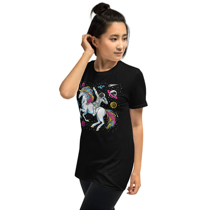 pansexual shirt, funny astronaut riding unicorn in space in subtle pan pride colors, female model