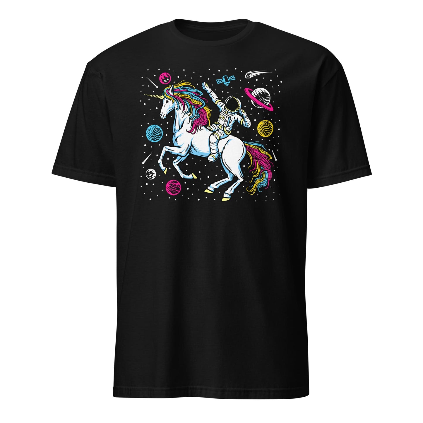 pansexual shirt, funny astronaut riding unicorn in space in subtle pan pride colors, hang