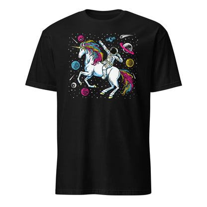 pansexual shirt, funny astronaut riding unicorn in space in subtle pan pride colors, hang