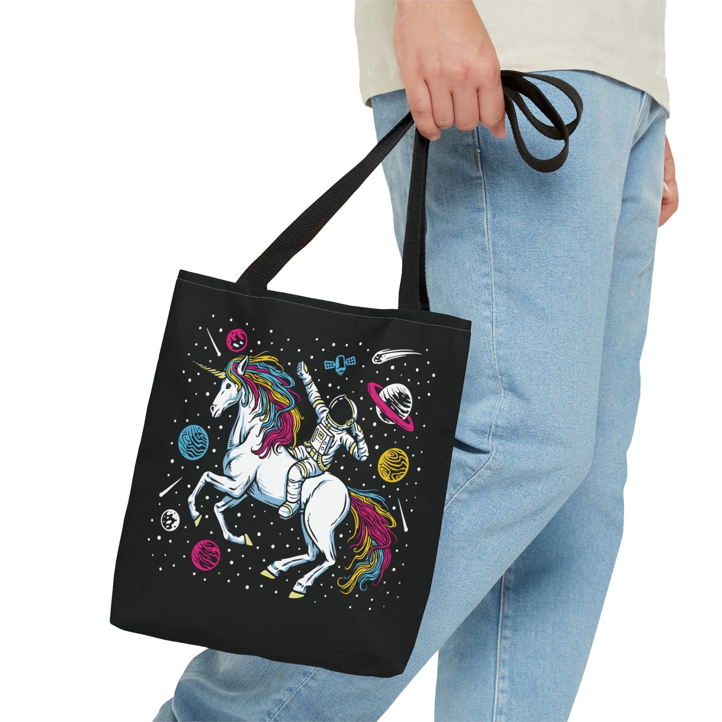 pansexual tote bag, astronaut in space riding unicorn pan pride bag, small