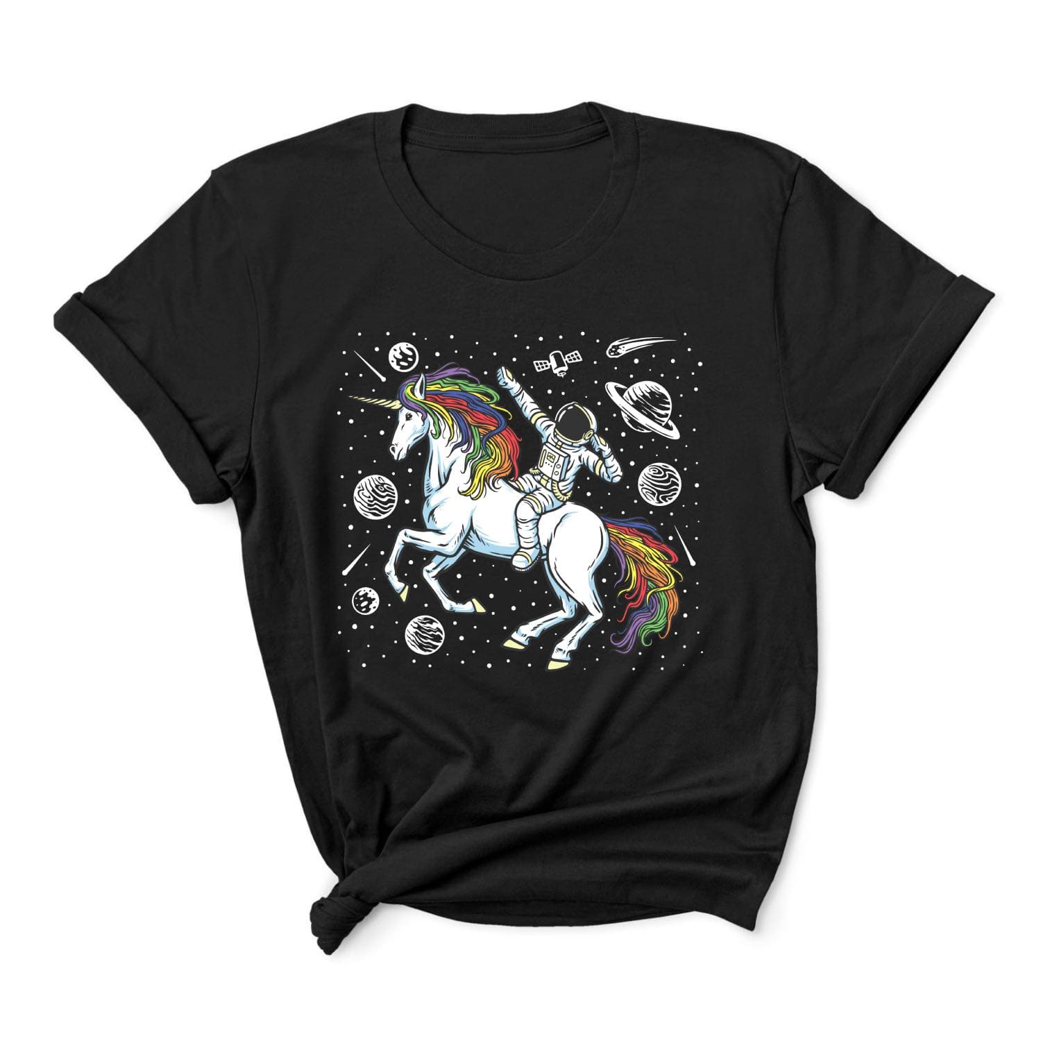 LGBTQ shirt, funny astronaut riding unicorn in space in subtle LGBT rainbow pride colors, main