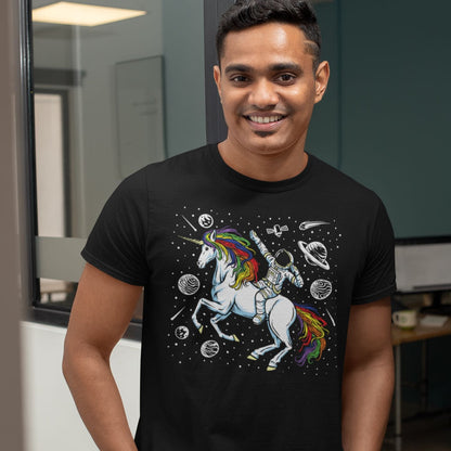 LGBTQ shirt, funny astronaut riding unicorn in space in subtle LGBT rainbow pride colors, in use