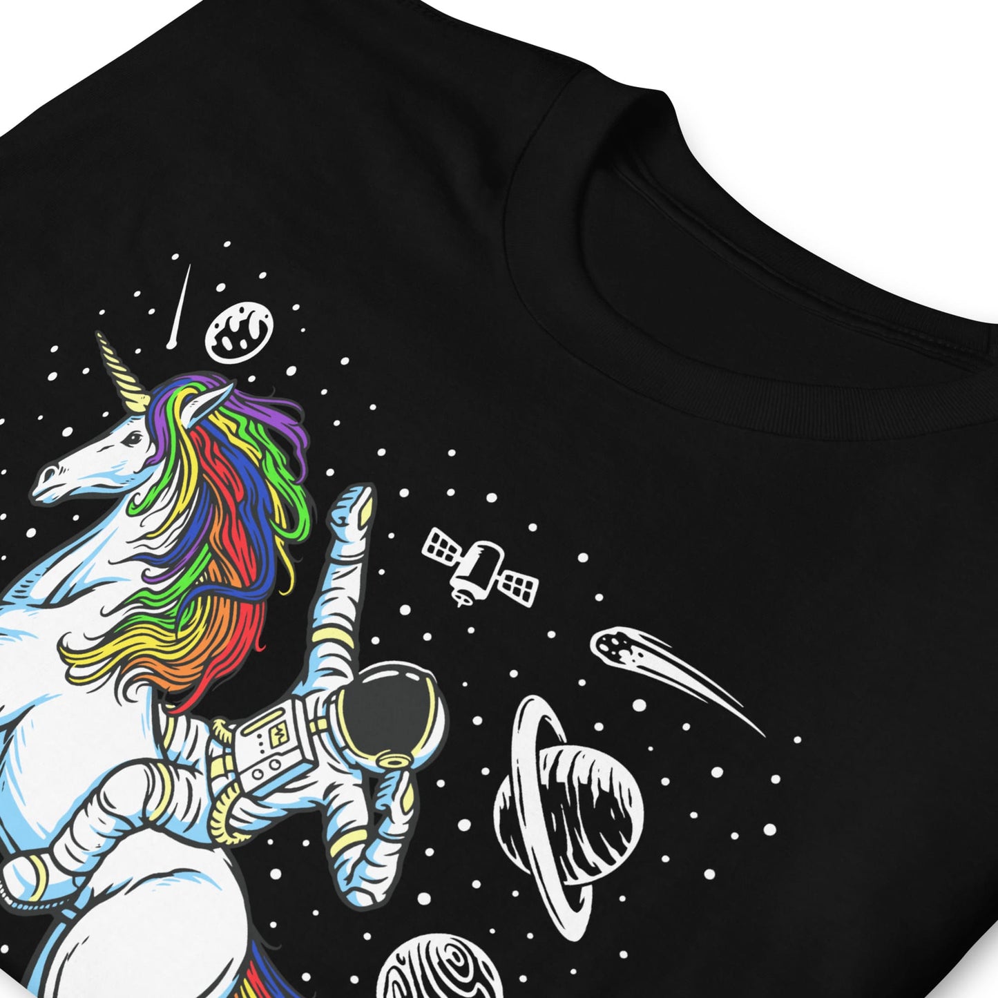 LGBTQ shirt, funny astronaut riding unicorn in space in subtle LGBT rainbow pride colors, zoom