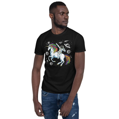 LGBTQ shirt, funny astronaut riding unicorn in space in subtle LGBT rainbow pride colors, black model