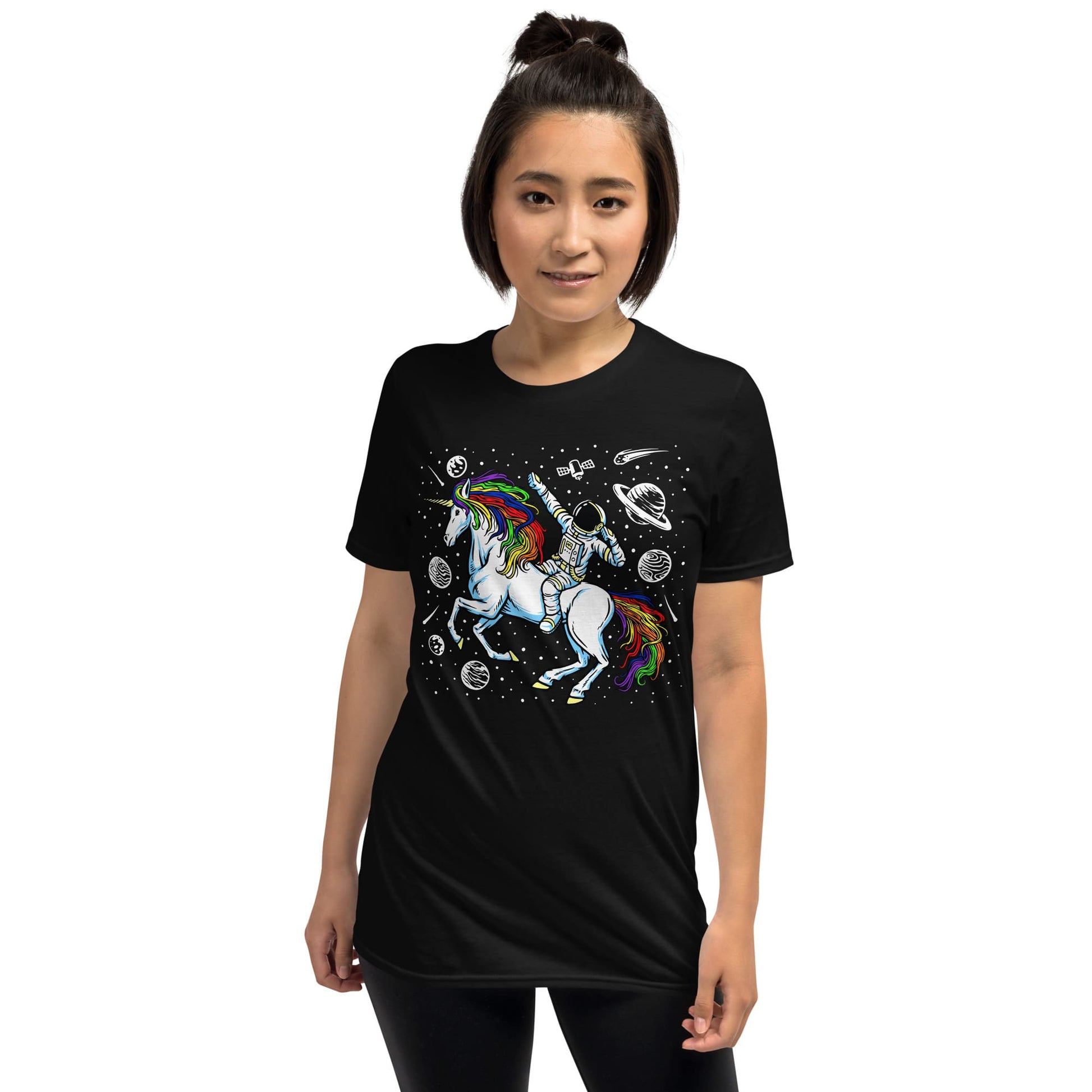 LGBTQ shirt, funny astronaut riding unicorn in space in subtle LGBT rainbow pride colors, model 2