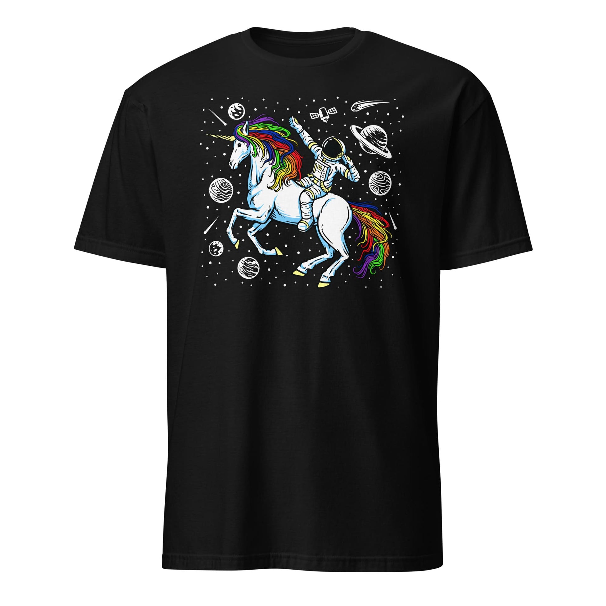 LGBTQ shirt, funny astronaut riding unicorn in space in subtle LGBT rainbow pride colors, hang