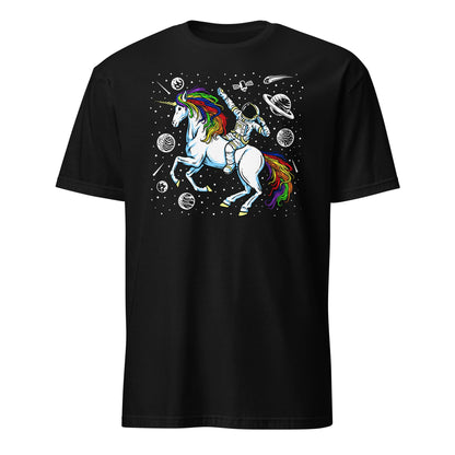 LGBTQ shirt, funny astronaut riding unicorn in space in subtle LGBT rainbow pride colors, hang