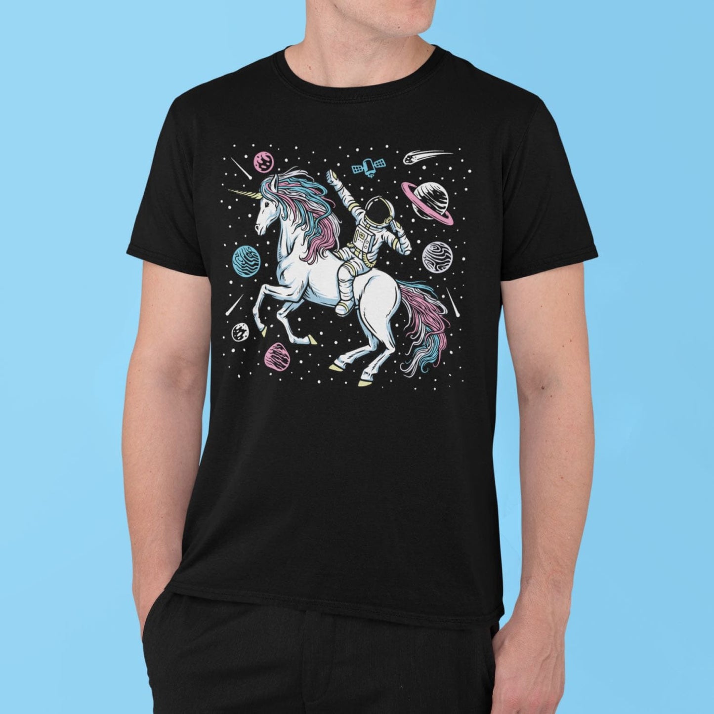 transgender shirt, funny astronaut riding unicorn in space in subtle trans pride colors, in use