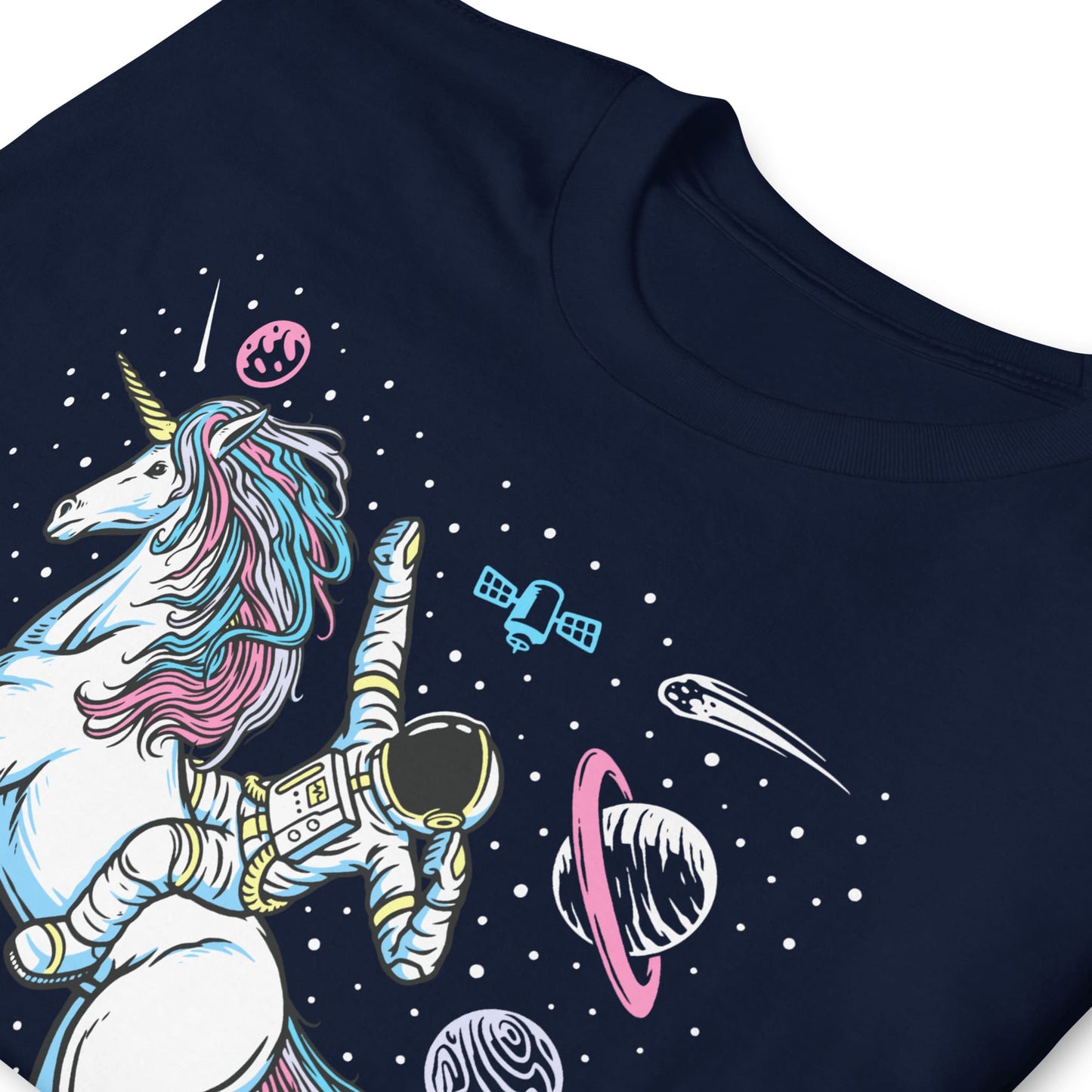 transgender shirt, funny astronaut riding unicorn in space in subtle trans pride colors, zoom