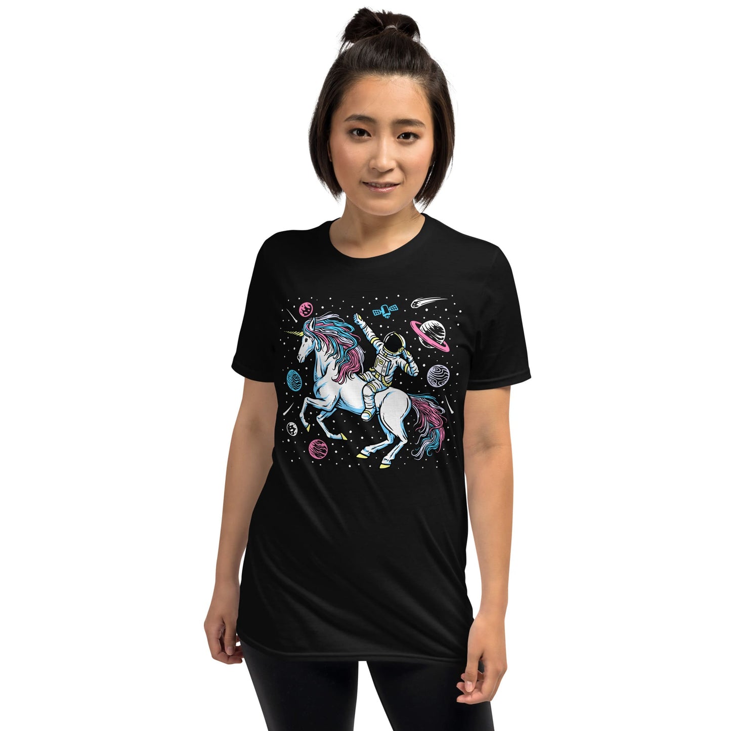 transgender shirt, funny astronaut riding unicorn in space in subtle trans pride colors, model 1