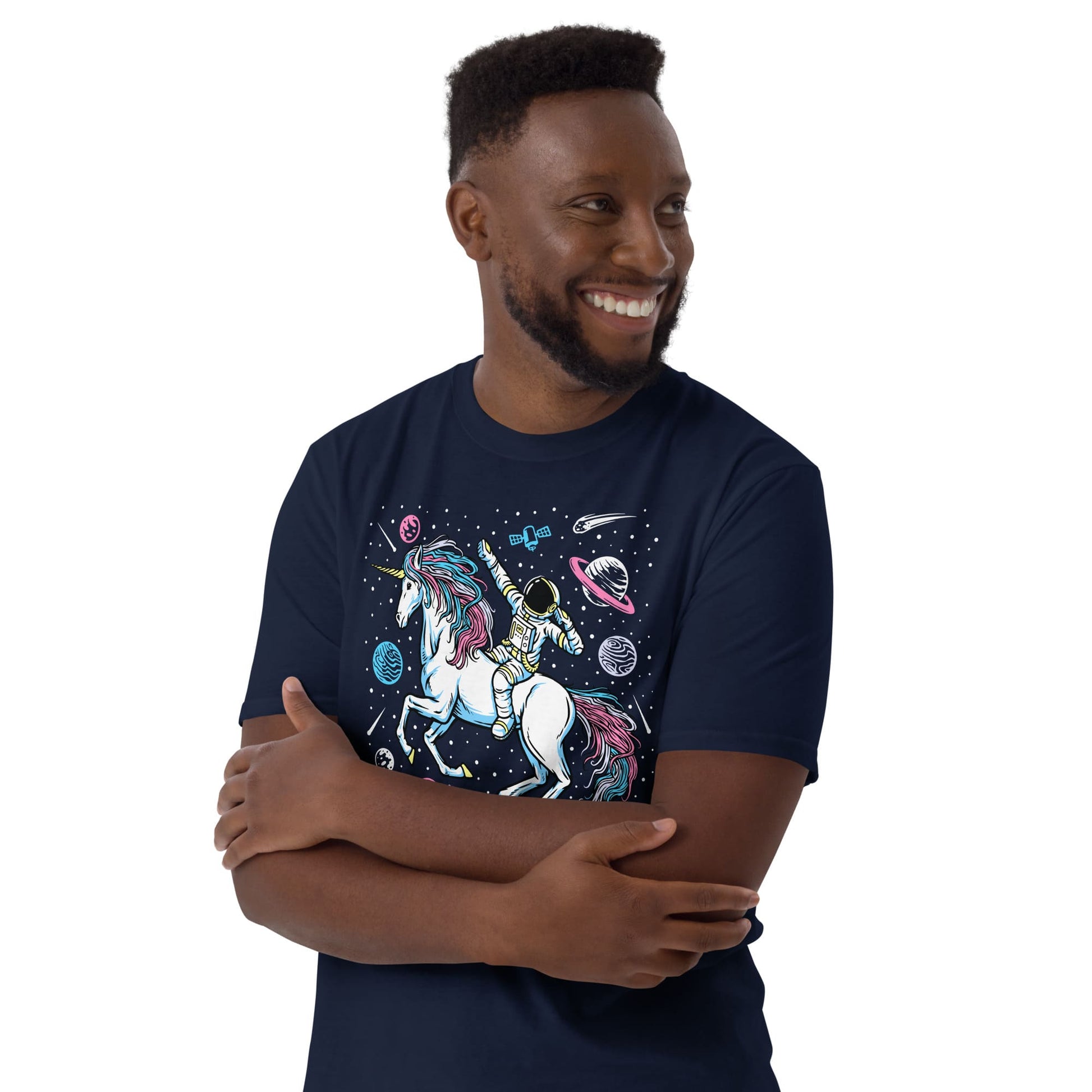 transgender shirt, funny astronaut riding unicorn in space in subtle trans pride colors, model 2