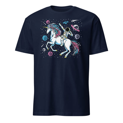 transgender shirt, funny astronaut riding unicorn in space in subtle trans pride colors, navy