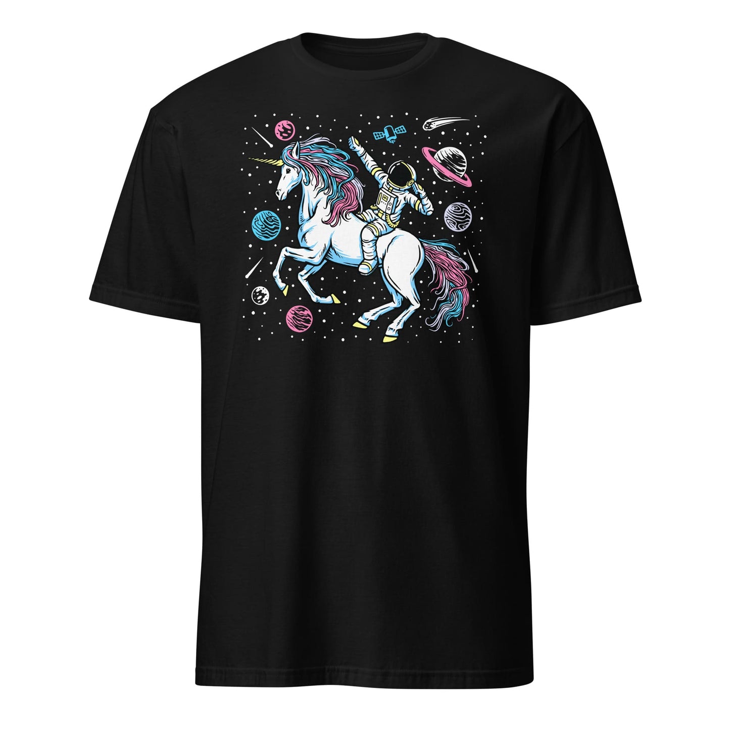 transgender shirt, funny astronaut riding unicorn in space in subtle trans pride colors, black