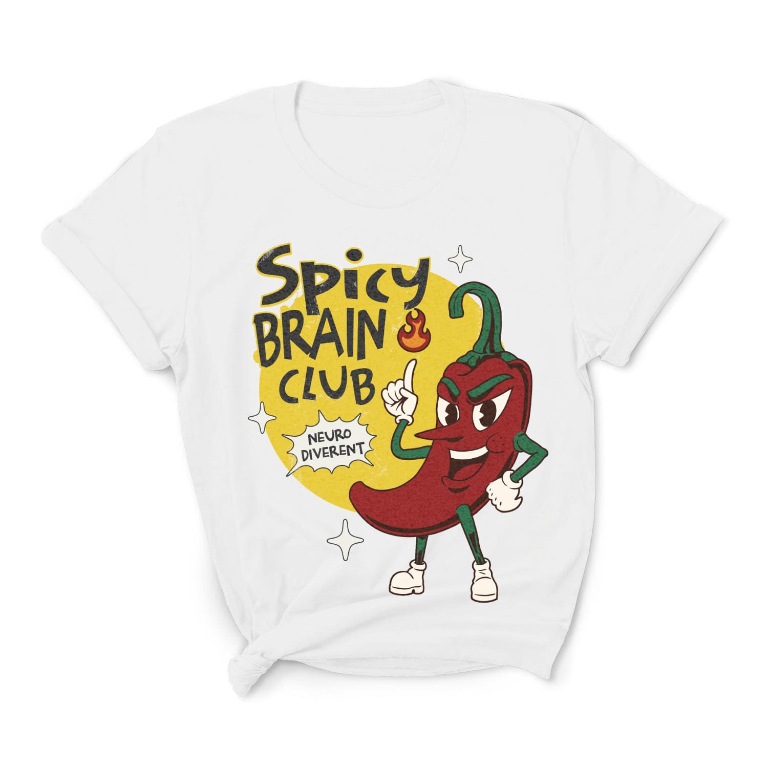 White t-shirt with a cartoon pepper character and 'Spicy Brain Club' text on a white background: Spicy Brain Club Shirt, Funny Neurodivergent Tee, Autism Awareness T-Shirt, Neurospicy Gift For Autistic, AuDHD Affirming, Therapist Gift
