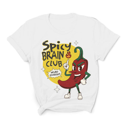 White t-shirt with a cartoon pepper character and 'Spicy Brain Club' text on a white background: Spicy Brain Club Shirt, Funny Neurodivergent Tee, Autism Awareness T-Shirt, Neurospicy Gift For Autistic, AuDHD Affirming, Therapist Gift