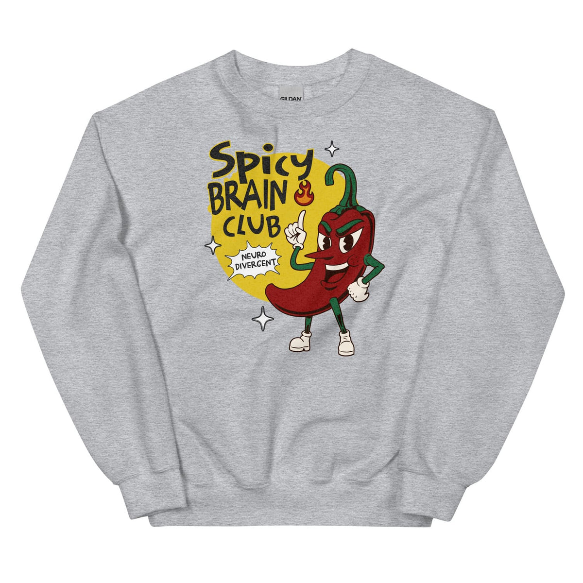 Gray neurodivergent sweatshirt with a cartoon pepper and 'Spicy Brain Club' text on a white background
