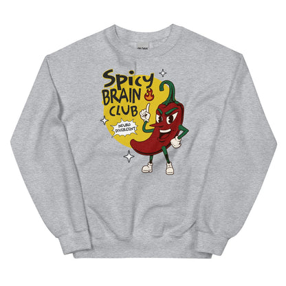 Gray neurodivergent sweatshirt with a cartoon pepper and 'Spicy Brain Club' text on a white background