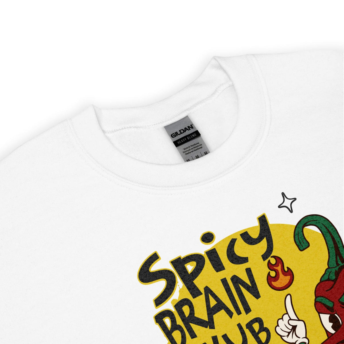 White neurodivergent sweatshirt with 'Spicy Brain Hub' graphic design on a white background