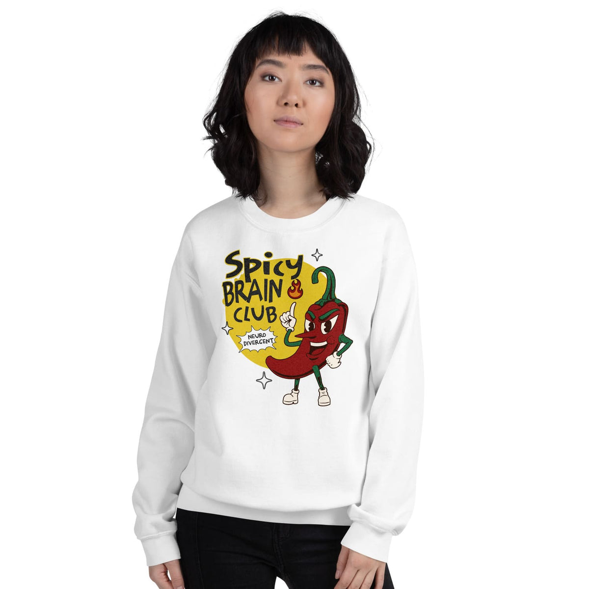 Person wearing a white neurodivergent sweatshirt with 'Spicy Brain Club' design on a white background