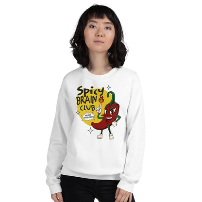 Person wearing a white neurodivergent sweatshirt with 'Spicy Brain Club' design on a white background