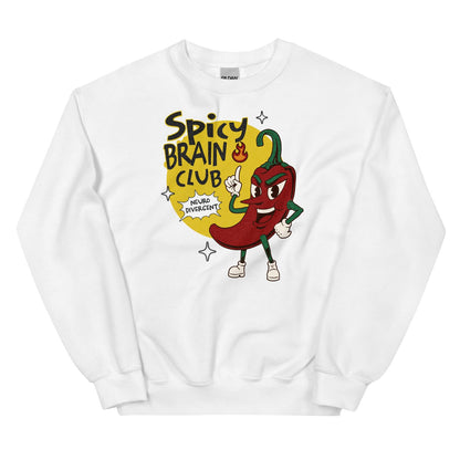 White neurodivergent sweatshirt with a cartoon chili pepper and 'Spicy Brain Club' text on a white background