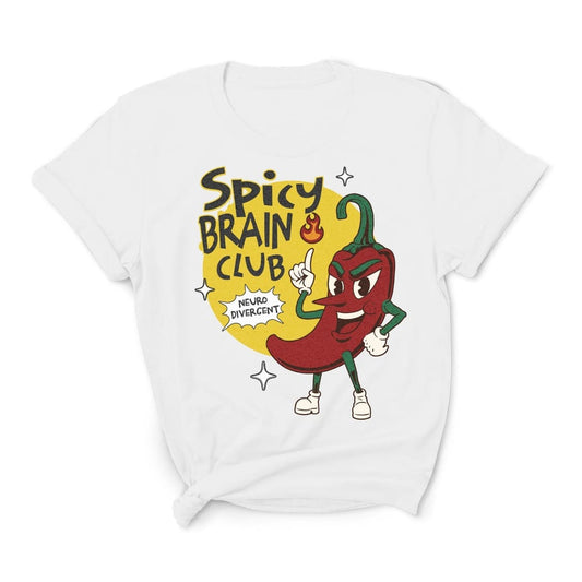White t-shirt with a cartoon chili pepper and 'Spicy Brain Club' text on a white background: Spicy Brain Club Shirt, Funny Neurodivergent Tee, Autism Awareness T-Shirt, Neurospicy Gift For Autistic, AuDHD Affirming, Therapist Gift