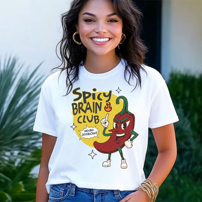 Woman wearing a white t-shirt with a cartoon chili pepper and text 'Spicy Brain Club': Spicy Brain Club Shirt, Funny Neurodivergent Tee, Autism Awareness T-Shirt, Neurospicy Gift For Autistic, AuDHD Affirming, Therapist Gift